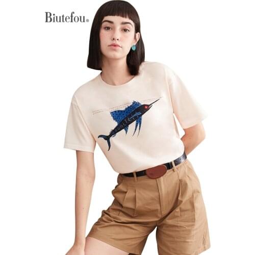 【Biutefou】Original Design 2021 Summer Women Loose Fish Print Cotton Premium Stretch T-Shirt