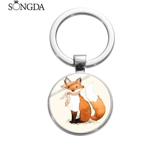 Cute Animal Fox Keychain Silver Plated Cartoon Photo Glass Cabochon Pendant Key Chain Ring Holder Gift for Women Children