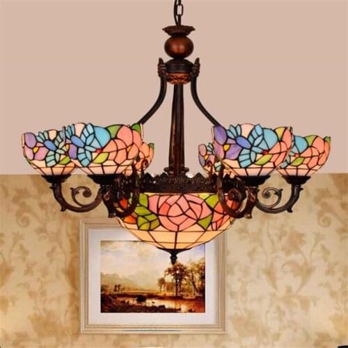 Foyer Led Suspension Tiffany Country Glass Pendant Light for Apartment Dining Room Vintage Country Flowers 5 Heads Lamp 1215