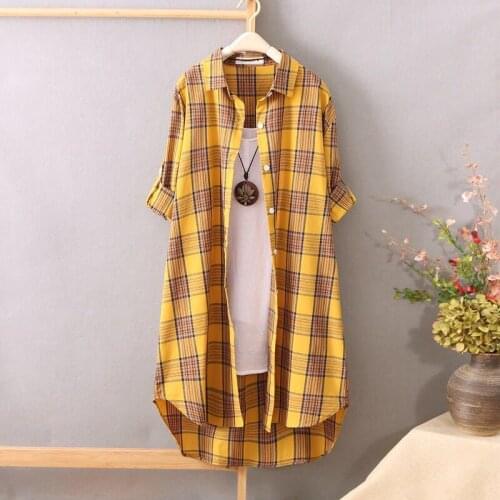 Spring Summer 2021 New Mid Long Plaid T Shirt Womens Thin Coat Han Fan Loose Long Sleeve Bottomed Shirt Tops Clothes Fashion Hot