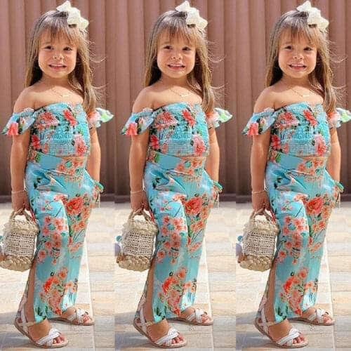 2020 New 2pcs Kids Baby Girl Clothes Floral Summer Costume Off Shoulder Crop Tops Long Split Pants Adorable Outfit Set 2-6Years