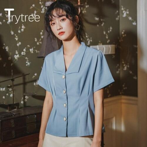 Trytree 2020 Summer Women Casual Blouse Turn-down Collar Single Breasted Solid Blue Fashion All-Purpose Style Blouse Top