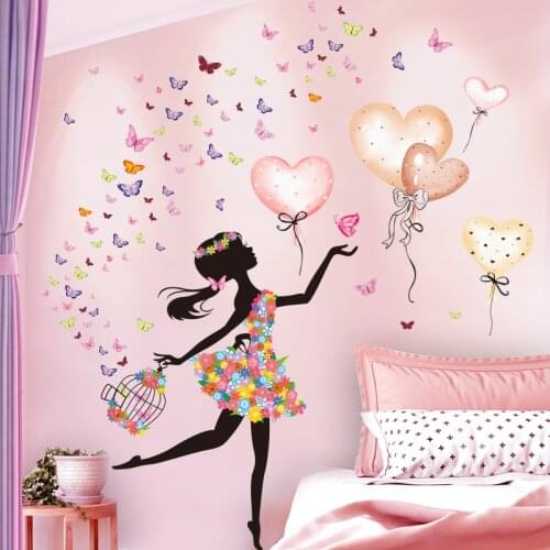 Hot Cute Cartoon Fairy Girl Wall Stickers DIY Balloons Butterflies Wall Decals for Kids Rooms Baby Bedroom Decoration PVC Poster