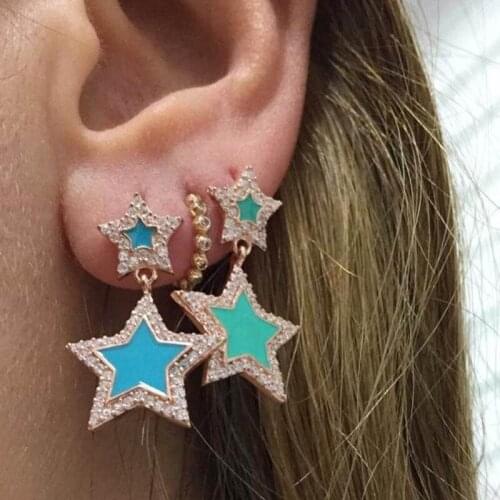 Fashion double enamel stars drop earring pave multi-color cz round five-pointed star dangle earrings women wedding party jewelry