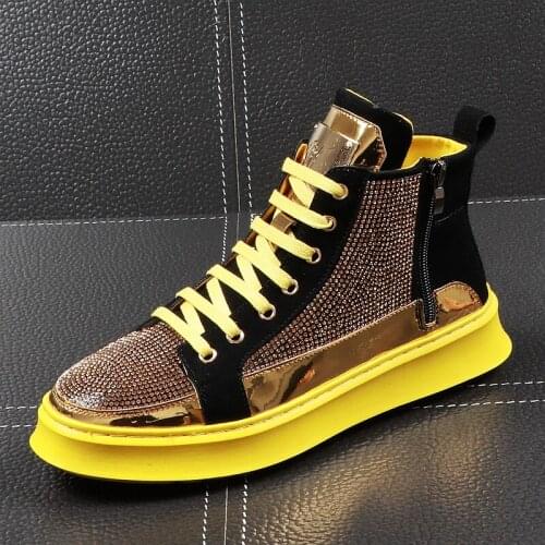 Fashion Men High Top Gold Glitter Sneakers Lace Up Crystal Platform Blue Flats Gold Shoes Man Tenis Feminino Zapatillas C1-11