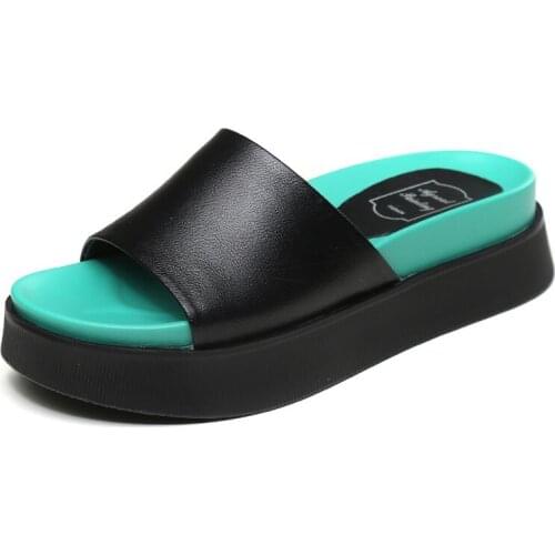 Fashion Mixed Colors Women Slippers 2021 Summer Open Toe Flat Shoes Thick Bottom Genuine Leather Concise Sandals Woman slides