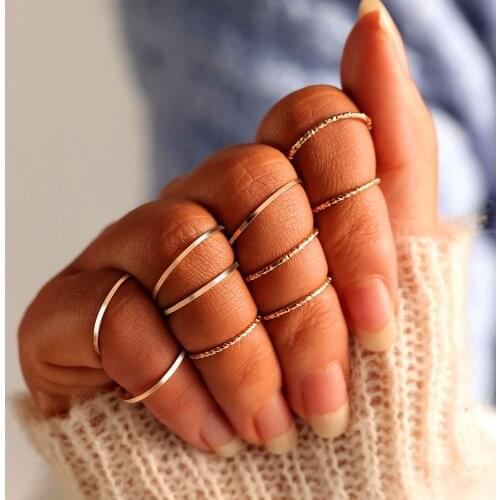 10Pcs/Set Fashion Punk Minimalist Midi Round Twist Ring Set for Women Bohemia Vintage Metal Knuckle Finger Rings Jewelry