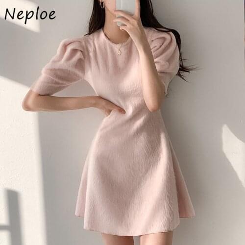 Neploe Korean High Waist Hip A Line Dress Women O Neck Pullover Short Sleeve Slim Fit Vestidos Winter New Solid Sueter Wild