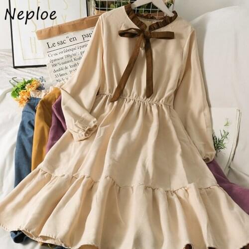 Neploe 2021 New Autumn Edible Tree Fungus Dress Woman O-neck Long Sleeve Vestidos Femme Bow Lace Preppy Style A-line Robe Female