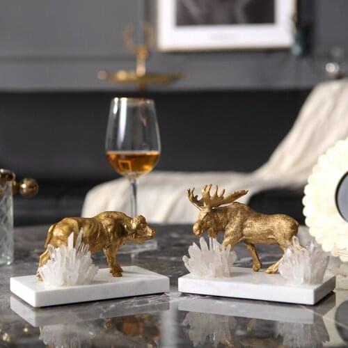 Luxurious Wild Animals Home Decor Lion Cub Camel Reindeer Marble Decor Figurine Living Room Ornament Office Metal Crystal Gift