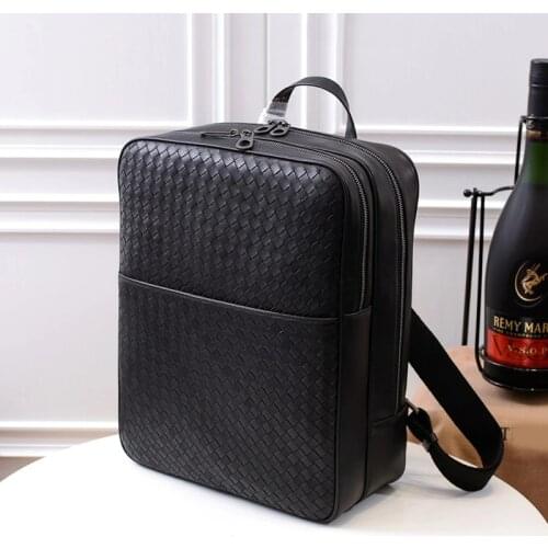New High Quality Luxury Cowhide Genuine Leather Woven Backpack Men Large Capacity Laptop Bags Travel Casual Backpack Briefcase