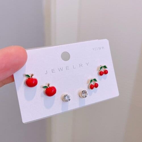 3 pairs/set Sweet Cute Cherry Apple Stud Earring for Women Girls Lovely Crystal Flower Ladybug Stud Ear Set Korean Jewelry Gifts
