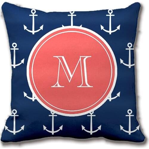 Navy Blue White Anchors Pattern, Coral Monogram Decorative Throw Pillow Case Decorative Cushion Cover Customize Gift By Lvsure