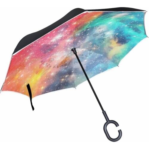 Windproof Colorful Starry Sky Reverse Folding Double Layer Inverted Umbrellas Self Stand Rain Sun Protection C-Hook For Car