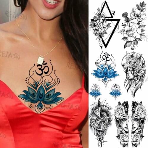 Sexy Watercolor Lotus Temporary Tattoos For Women Men Adult Realistic Fake Witch Compass Wolf Tattoo Sticker Large Tatoos Paste