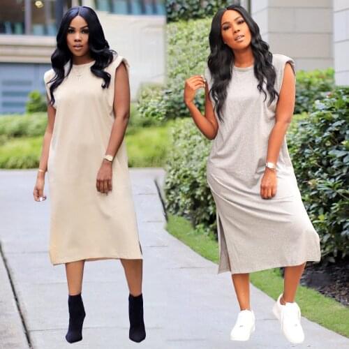 SKMY Women Clothing Summer 2021 New Style Sleeveless Loose Casual Dress Solid Color Split Sexy Party Clubwear Mid-Length Dress