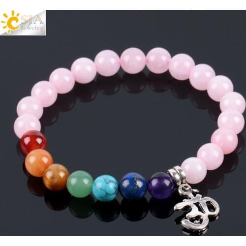 CSJA 7 Chakra Natural Stone Pink Crystal Quartz Bracelets Bangles for Women Healing Reiki OM 8mm Mala Bead Lucky Meditation E926