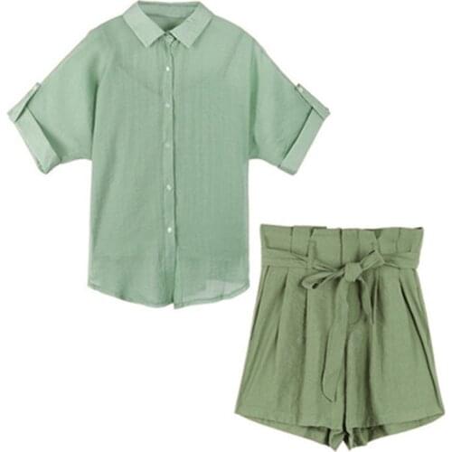 3 Three Piece Set Women Short sleeve Sunscreen Chiffon Shirt + High Waist Shorts Suits + Camis Top New 2021 summer