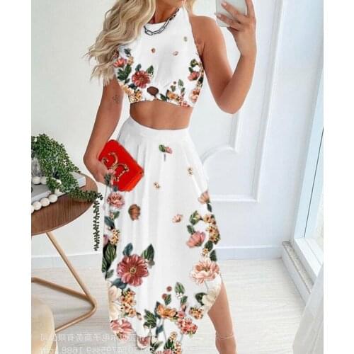 2021 Summer 2 Piece Sets Women Skirts Beach Leisure Dress Sets Outfits Backless Short Tops High Waist Skirts Sets