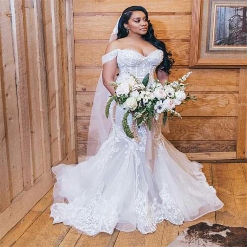 2020 Plus Size Mermaid Wedding Dresses Off-shoulder Full Appliqued Lace Wedding Gown Backles Vestidos De Novia