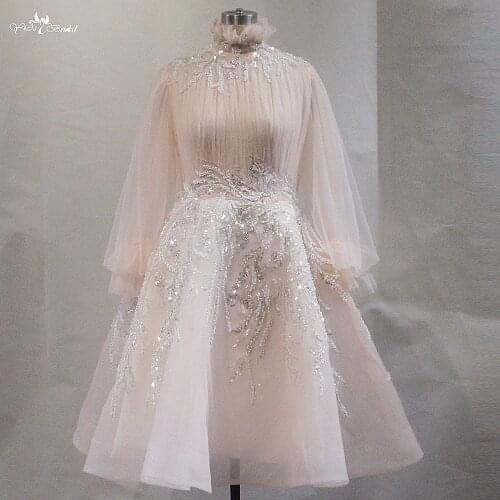 LZF139 Elegant Light Champagne High Collar Sparkly Appliques Evening Dresses Glitter Beads Puff Sleeve Short Prom Dresses