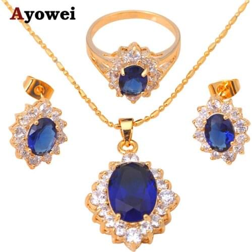 Gold tone Earring Necklace Ring Blue Zircon Crystal Health Fashion Jewelry Sets Sz #5 #6.5 #5.5 #7.5 #8 #8.5 JS132A