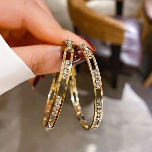 Golden Round Crystal Hoop Earrings for Women Bijoux Geometric Rhinestones Earrings Statement Jewelry Party Gifts