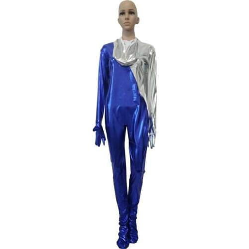 Shiny Metallic Cosplay jumpsuit Mens Blue with silver colors spandex Catsuit for women kids
