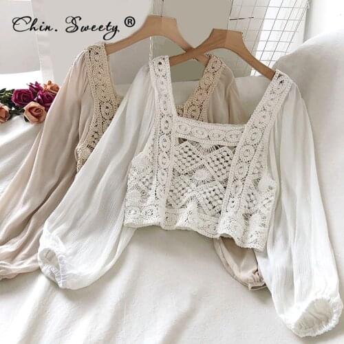 Womens Lace Crochet Puff Sleeve Blouse Hollow Out Crop Tops Square Collar Woman Short Blouses 2021 Summer Lady Casual White