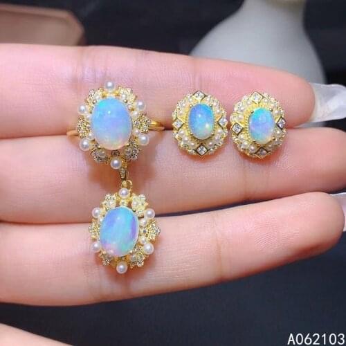 KJJEAXCMY fine jewelry 925 sterling silver inlaid natural opal women luxury noble pearl ring pendant earring suit support test