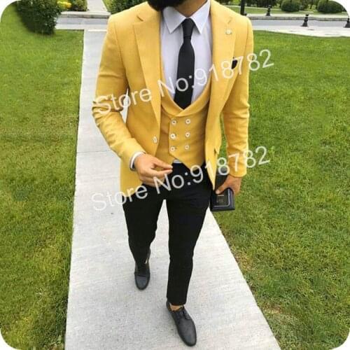 Costume Homme Mariage Groom Suit 2019 Designers Yellow Jacket Black Pant Double Breasted Vest Slim Fit Tuxedo 3 Piece Suits