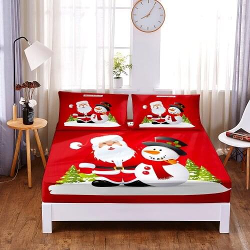 Red Christmas 3pc Polyester Solid Fitted Sheet Mattress Cover Four Corners With Elastic Band Bed Sheet(2 pillowcases)