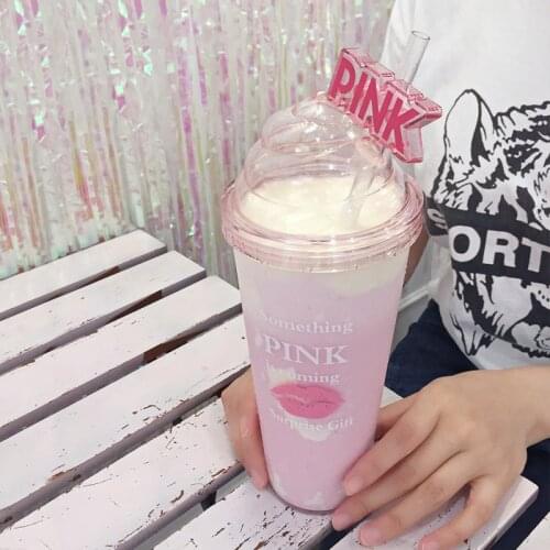 Red Lips Sippy Cup Clear Plastic Cup with Lid and Straw Fashion Ice Cream Personality Model Light and Convenient Water Bottle
