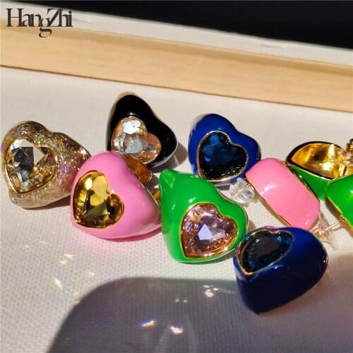 HANGZHI New Colorful Rhinestone Love Heart Shiny Y2K Crystal Metal Rings Geometric Zircon 2021 for Women Girl Party Jewelry