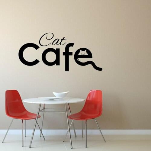 New Cat Cafe Text Silhouette Wall Sticker Vinyl Decal For Cat Cafe Coffee Shop Wall Art Decoration A001467