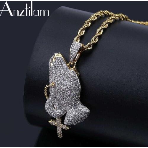 New Arrive High-quality Bling Silver Color Hands In Prayer Cross Pendants Necklaces For Women Men’s Hiphop Necklace Jewelry