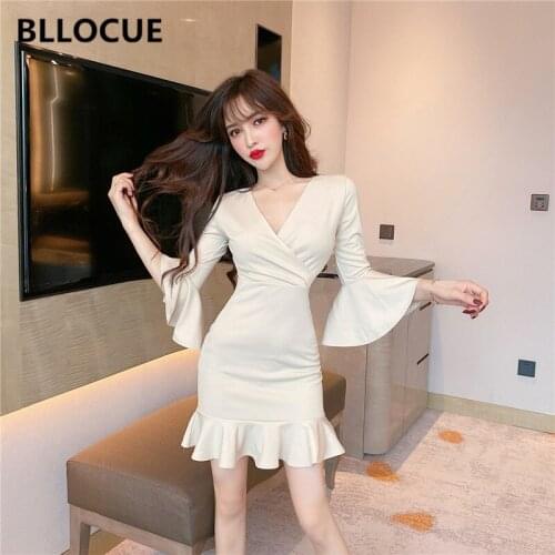 BLLOCUE Women Party Dress Mini Sexy V-neck Autumn Long Sleeve Bodycon Flare Sleeve Ruffles Leisure Evening Mermaid Dress