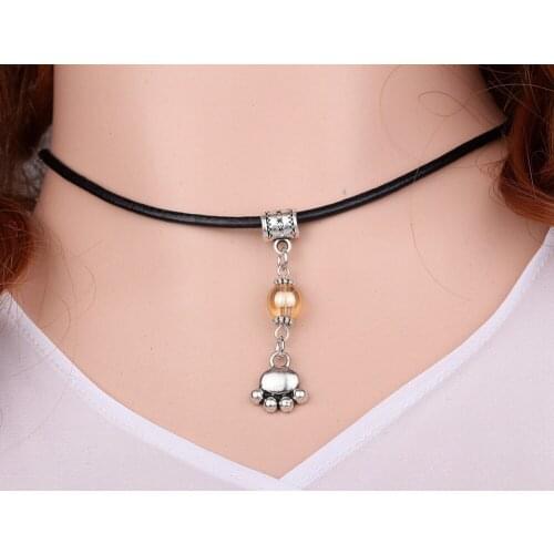 Dog Paw Prints&Glass Bead Charms Vintage Silver Choker Collar Leather Necklace Pendant DIY Jewelry For Women Clothing HOT A122