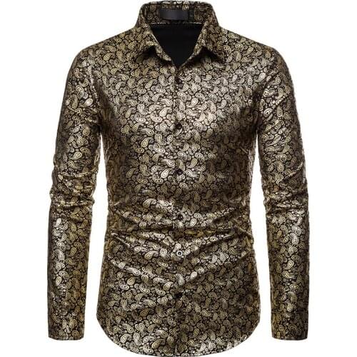 Mens Luxury Paisley Dress Shirts Shiny Printed Slim Fit Button Up Shirt Men Casual Long Sleeve Shirt Male Party Prom Clothing