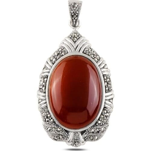 Silver 925 Sterling Red Agate & Marcasite Pendant