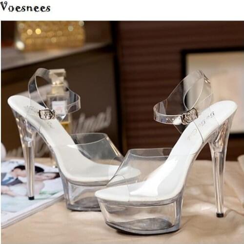 Women Shoes Female Model T Station Catwalk Sexy Crystal Transparent Shoes 15CM High Heels Waterproof Head Fish Head Sandals