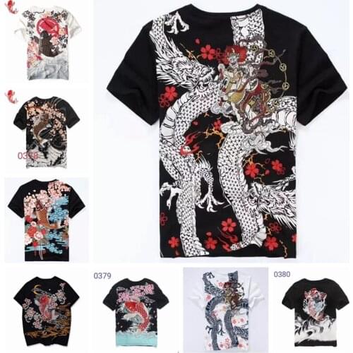 Japanese ukiyo-e embroidered carp diving short sleeve T-shirt popular logo cherry blossom short sleeve T-shirt for summer couple