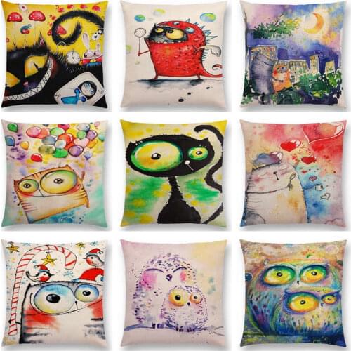 Funny Watercolor Big Small Eyes Cute Animals Cat Owl Fantasy Colorful Balloons Happy Life Cushion Cover Sofa Throw Pillow Case