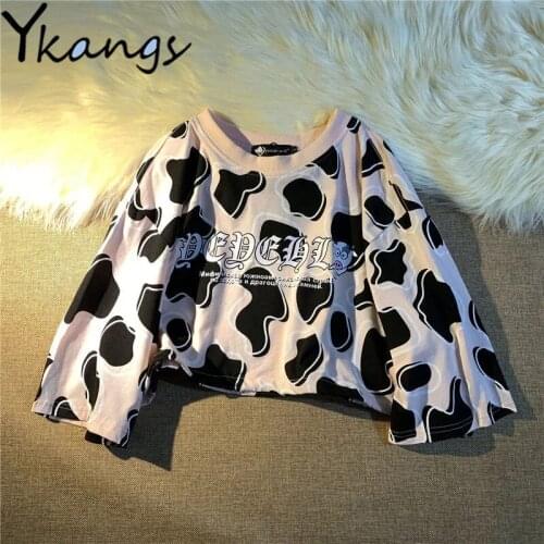 Women Summer Korean Style Harajuku Letter Cow Animal Print Short Sleeve T-shirts Y2k Crop Top Gothic Kawaii Manga Blouses Shirts