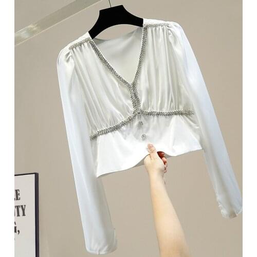 Cropped Blouse for Women Diamond Chain Side Zipper V-neck Long Sleeve Temperament All-match Lady Short Satin Shirt Blouses Tops
