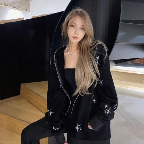 Rhinestone top Star Graphics Oversized Hoodies Female Zip Up Long Sleeve Womens Sweatshirt Y2K Aesthetic Winter Grunge clothing