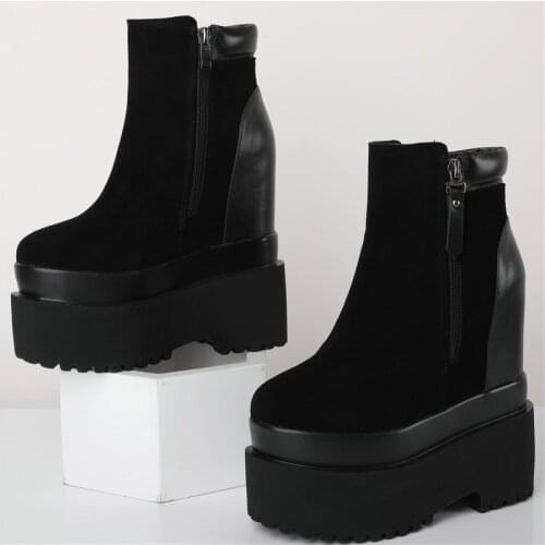 Punk Creepers Women Genuine Leather Platform Pumps Shoes Female High Top Round Toe Fashion Sneakers Casual Shoes 16cm High Heels