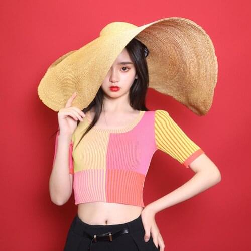 Color Block Striped Short Sleeves O Neck Pullover Women Slim Top Blouse