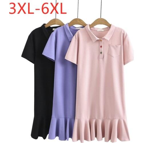 New 2021 Ladies Summer Plus Size Mini Dress For Women Large Short Sleeve Loose Cotton Pink Pocket Ruffle Dress 3XL 4XL 5XL 6XL