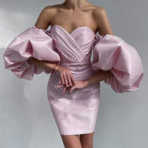 Autumn One shoulder Tube Top Halter Puff Sleeve Mini Dress Womens Slim Solid Color Bag Butt Short Office Ladies Sexy Party Dres